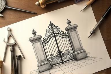 Un boceto detallado de un portón de hierro sobre una mesa de trabajo junto a un compás.