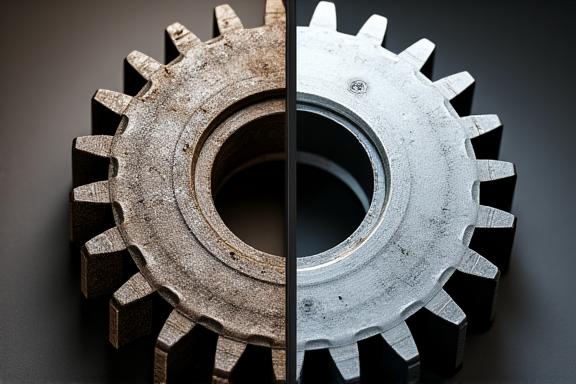 A metal gear half-restored showing before and after effect