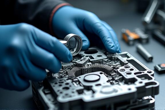 Inspector using a magnifying glass on a detailed component